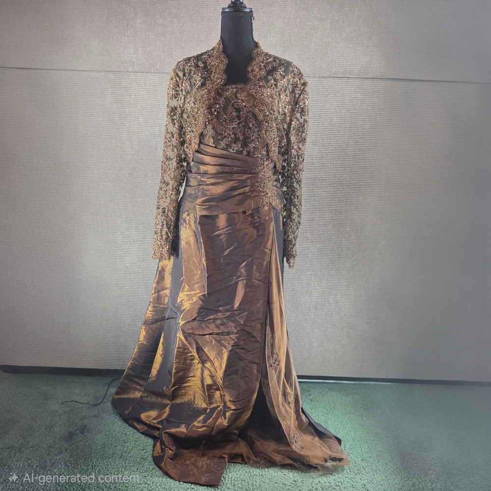 Landa Womens 10 Bronze Lace Bolero Sequin Ruched Taffeta Evening Gown Set